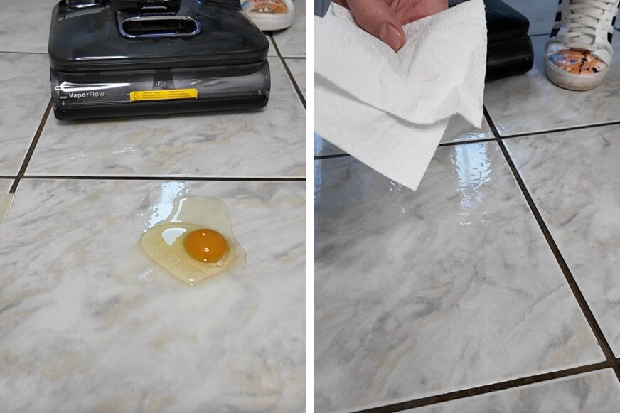 Roborock F25 Ultra saugt im Test ein aufgeschlagenes Ei vom Küchenboden auf und hinterlässt saubere Fläche.